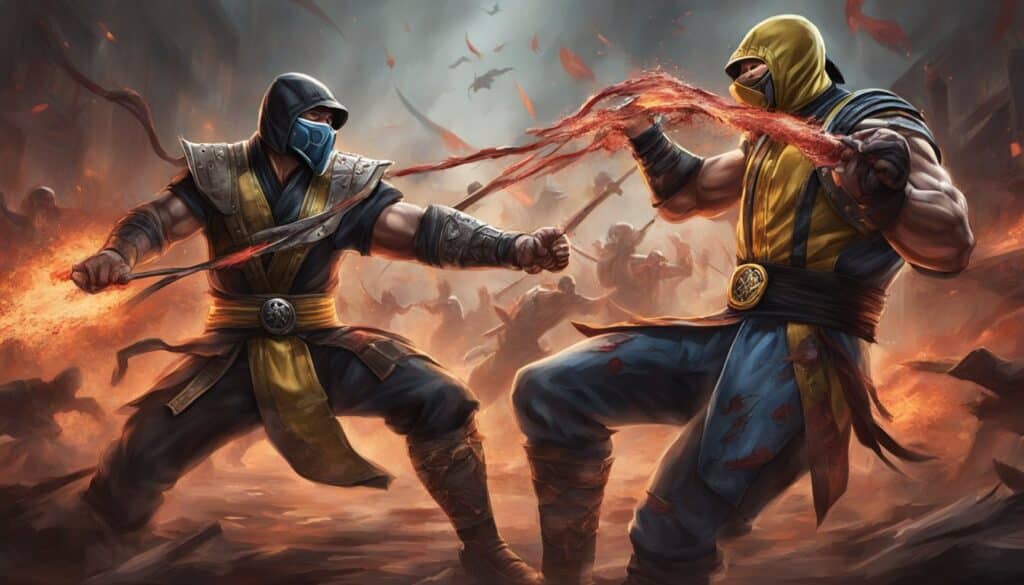 Two Mortal Kombat fighters engaging in a sword fight while mastering brutal finishing moves.