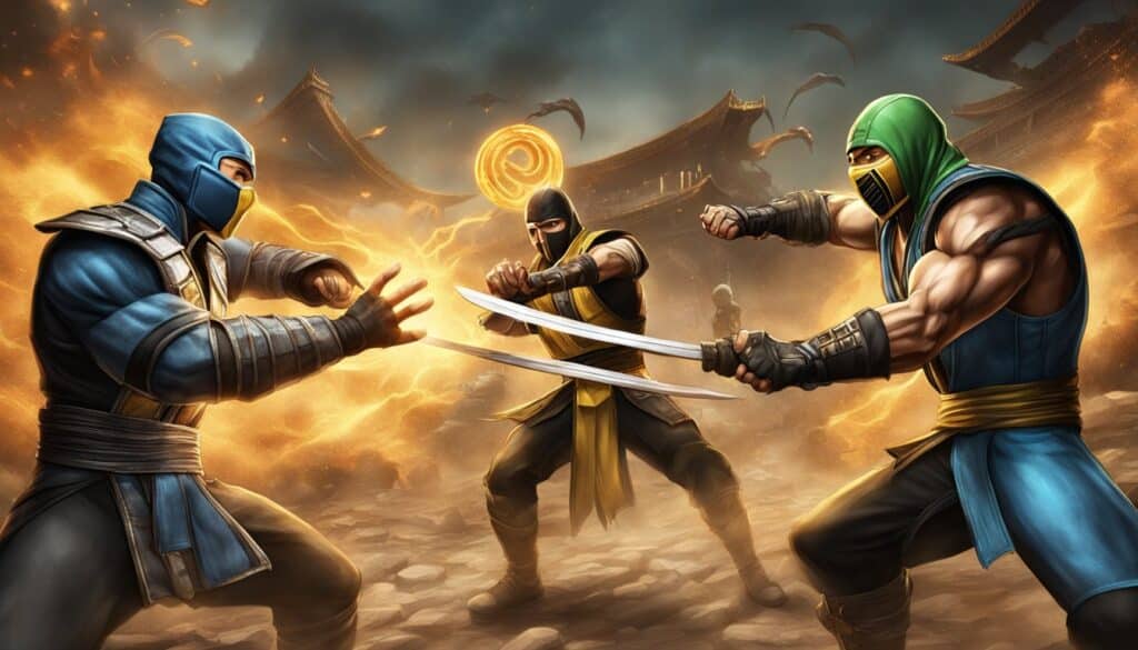 Two Mortal Kombat 1 fighters engaging in a classic sword battle.