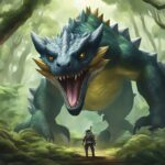 A Monster Hunter explores a forest with a dragon lurking in the background, encountering small monsters and collecting valuable loot along the way.