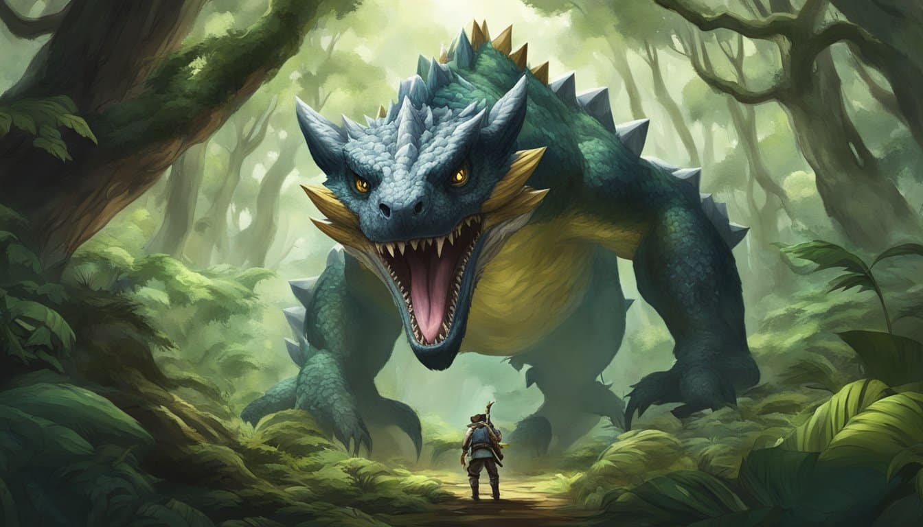 A Monster Hunter explores a forest with a dragon lurking in the background, encountering small monsters and collecting valuable loot along the way.