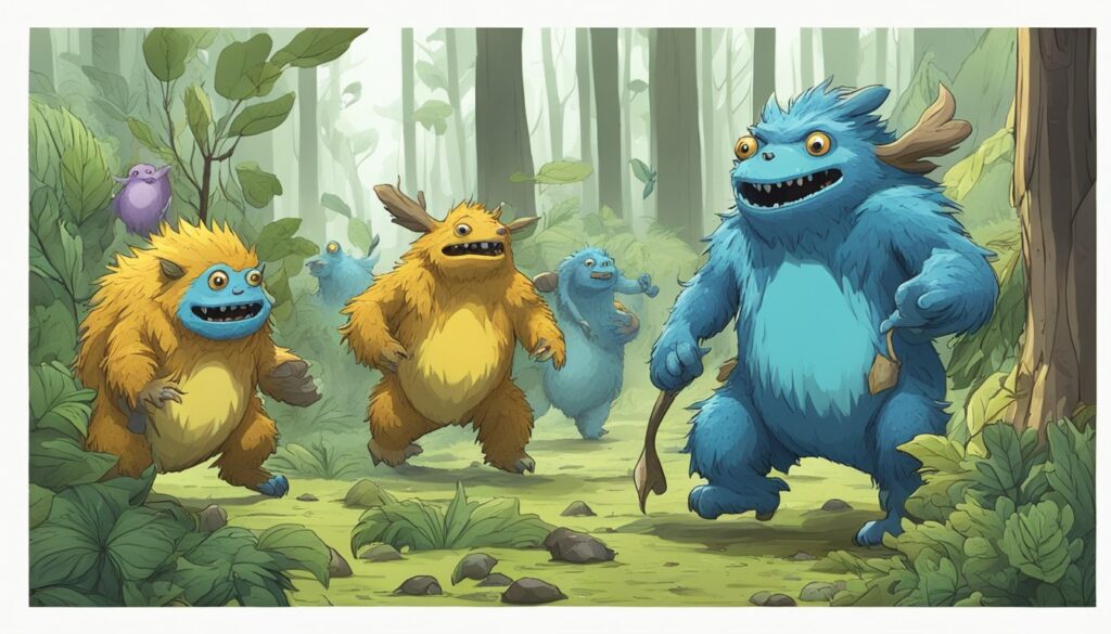 A group of small monsters with blue skin roam the woods, exhibiting unique behaviors that make them a challenge for even the most skilled monster hunters.
