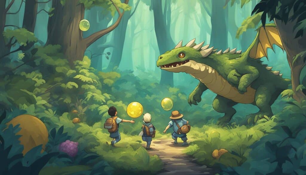 A group of children are walking through a forest with small monsters in the background.