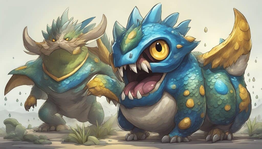                 Two small blue and yellow dragons standing next to each other in the Monster Hunter game.