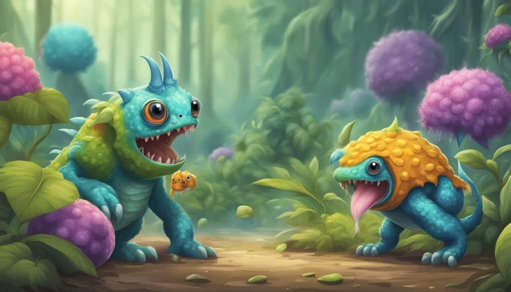 Two small blue monsters in a forest exhibiting Monster Hunter behaviors.