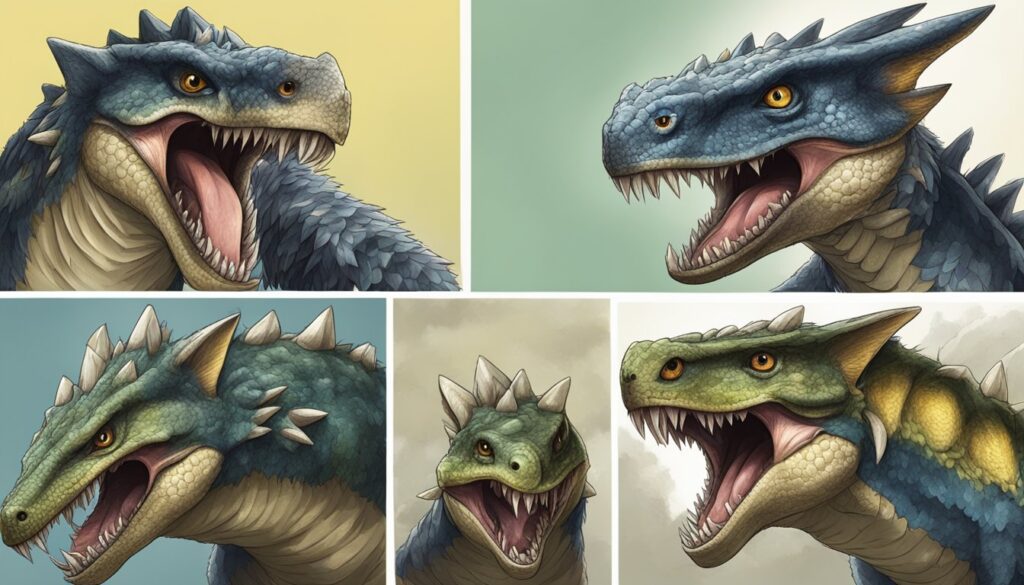 Four pictures of different dinosaurs with their mouths open, showcasing small monsters and their behaviors in the world of Monster Hunter.