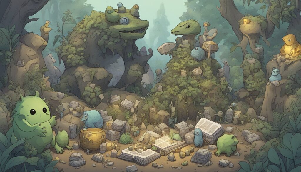 An illustration of small creatures displaying various behaviors in a forest, inspired by the Monster Hunter series.