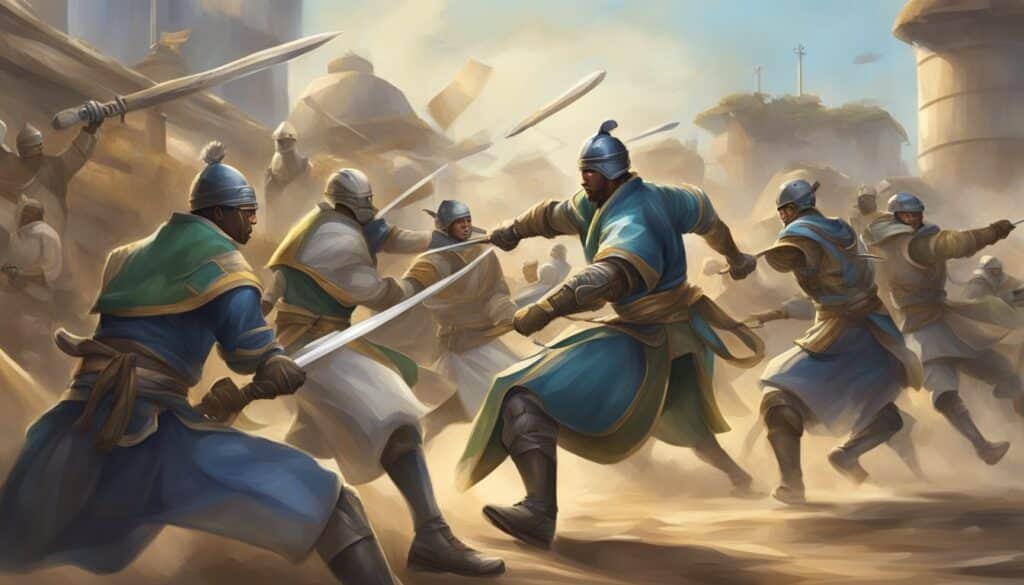 A captivating painting of a group of men brandishing swords, showcasing their superior gameplay tactics and demonstrating their best ability.