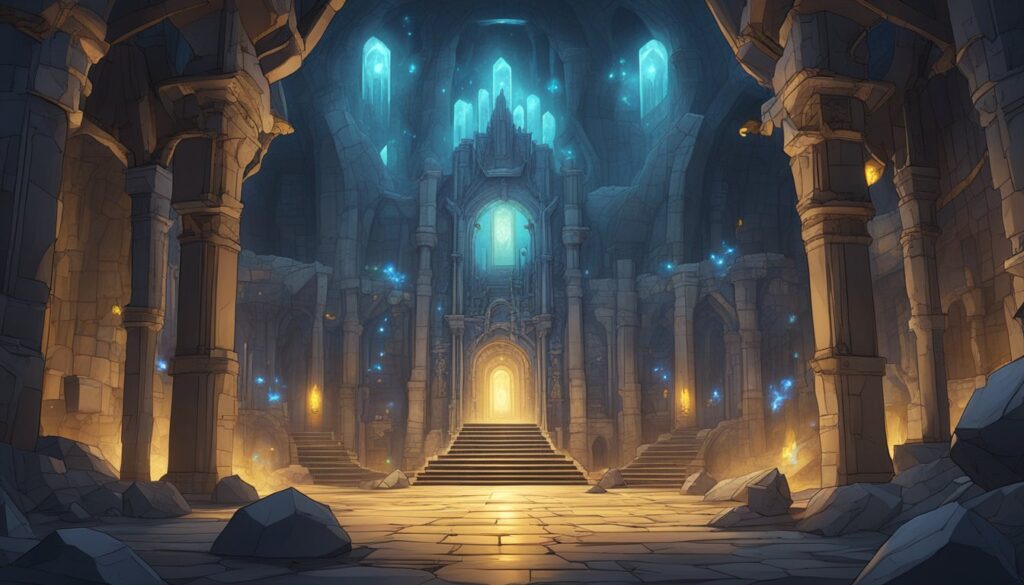 An image of a fantasy castle with Elemental Dungeons and pillars.