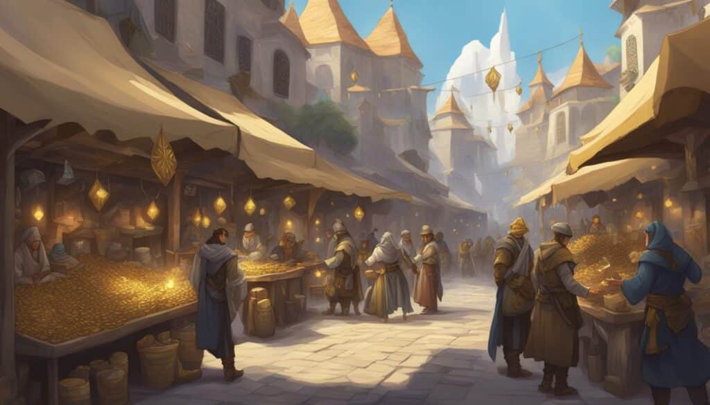 An illustration of a market scene with people walking around, featuring lunar shards.