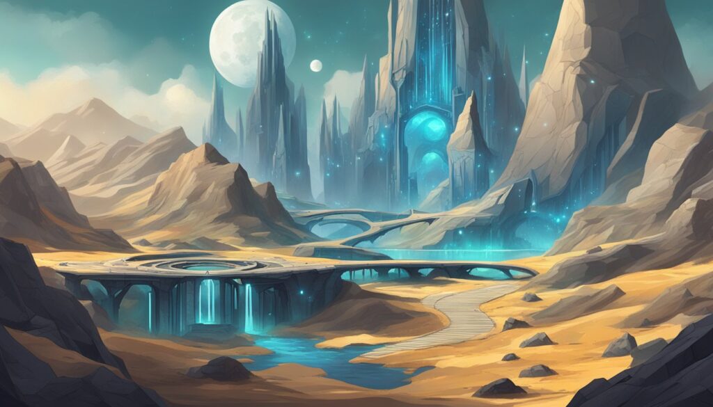 A fantasy landscape with mountains and a river, adorned with Lunar Shards.
