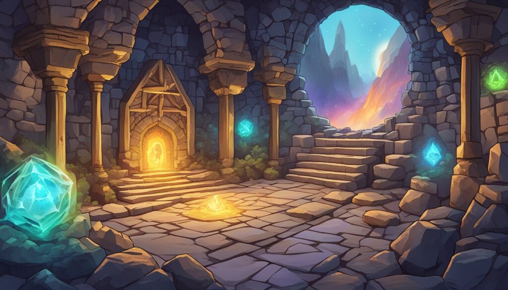 An illustration of a fantasy castle with a door and some stones, showcasing the enchanting Elemental Dungeons.