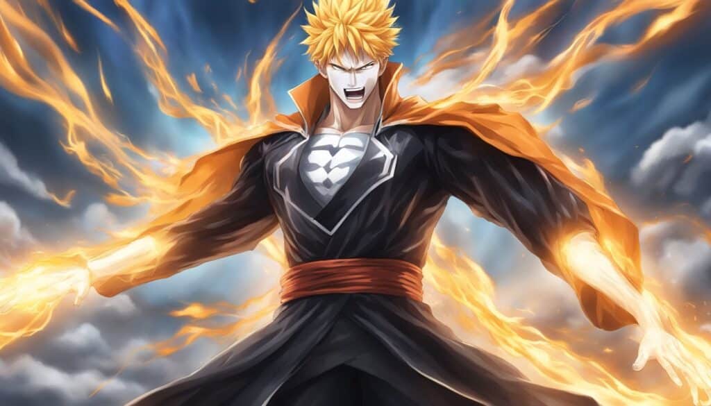 Peroxide Hellverse Ichigo, the latest anime character, exhibits an awe-inspiring spectacle with flames erupting from his body.