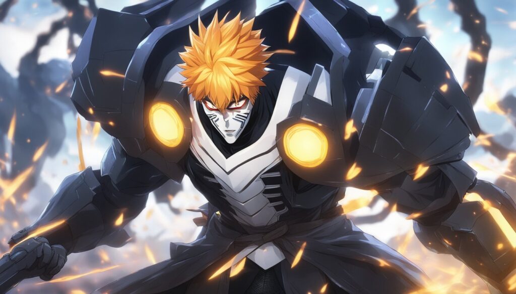 The anime character, Peroxide Hellverse Ichigo, is holding a sword in his hands.