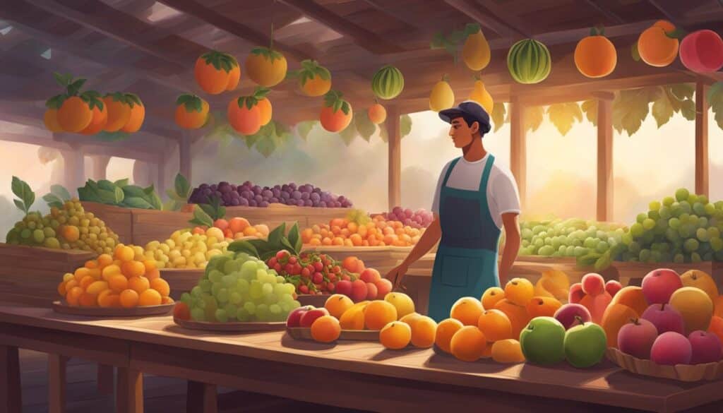 An apron-clad fruit dealer is standing in front of a fruit stand selling his fresh produce.