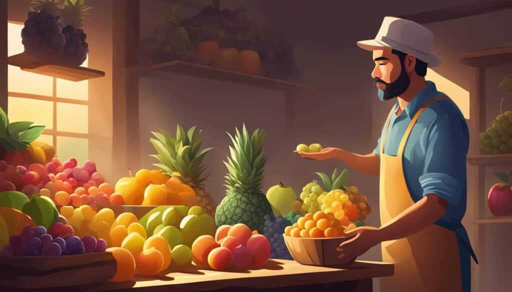 A man in a hat is standing in front of a fruit stand, resembling a Fruit Dealer.