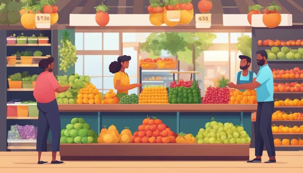 A group of people shopping at a grocery store, seeking essential tips for their fruit dealer.