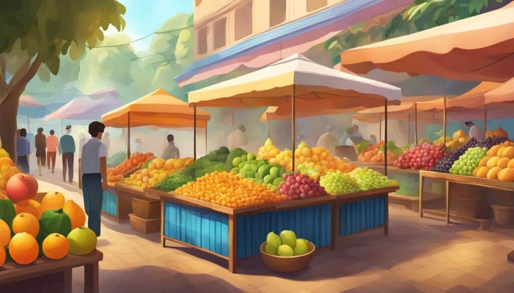A vibrant illustration of an outdoor fruit market, bustling with activity from fruit dealers.