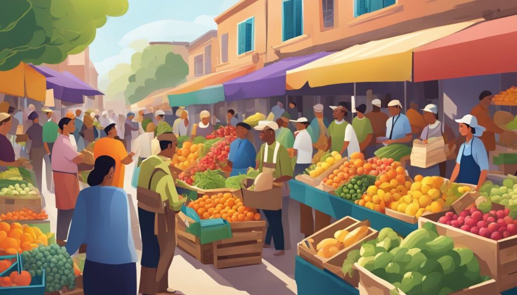 An illustration of people shopping at an outdoor market, filled with fruit dealers and a haze piece in the air.