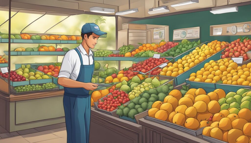 An illustration of a man, the Fruit Dealer, in a grocery store.