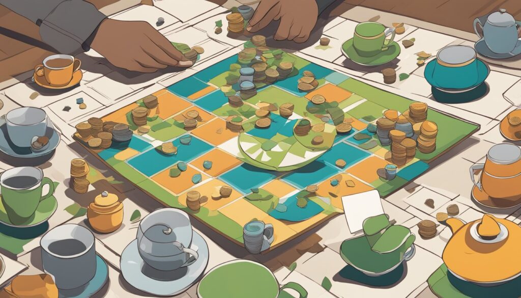 An enigmatic illustration of a board game adorned with Spirittea-themed tea cups and teapots.