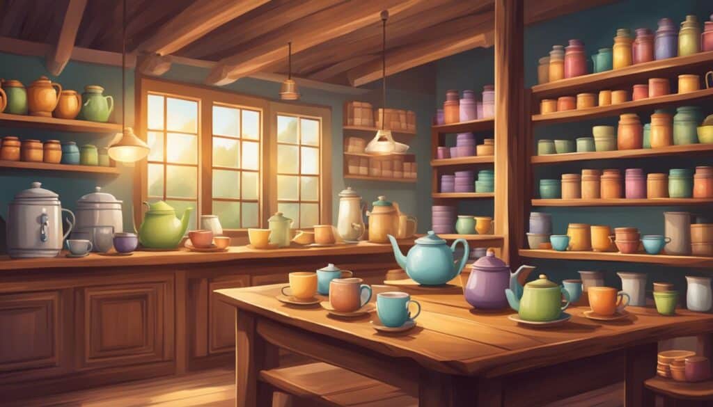 An enigmatic illustration of a tea room adorned with colorful pots and pans, creating a captivating spirittea.