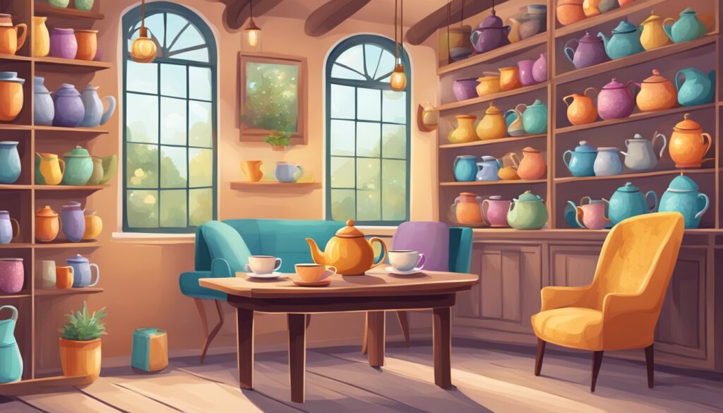 A colorful and enigmatic tea room illustration featuring a variety of pots and mugs, offering a one-of-a-kind brew experience.