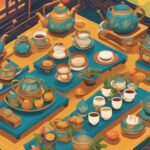 Isometric illustration of a tea table with teapots and cups, showcasing the Brew Experience.