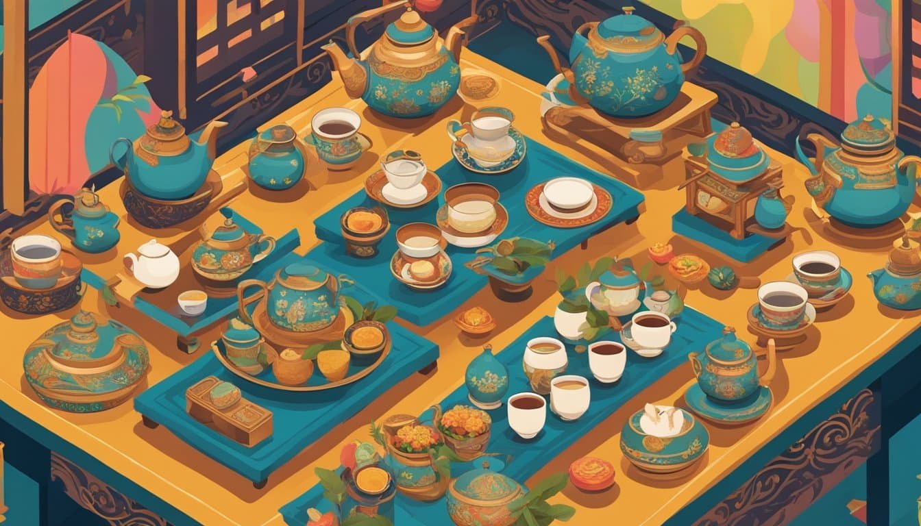 Isometric illustration of a tea table with teapots and cups, showcasing the Brew Experience.