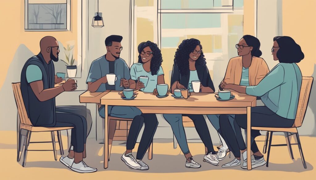Illustration of a group of people sitting around a table, enjoying an enigmatic brew.