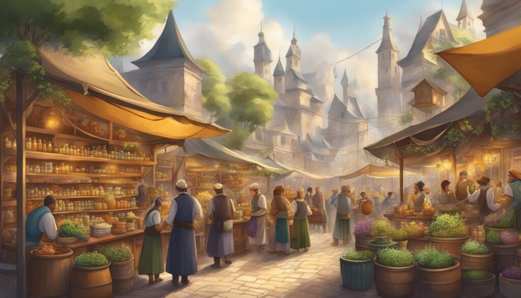 A mesmerizing illustration of a bustling market in a fantasy setting, adorned with vibrant stalls and enchanting beings.