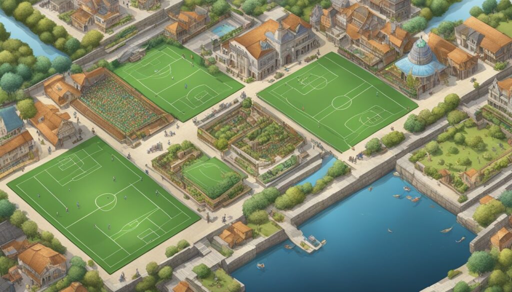 An aerial view of a city with a soccer field.