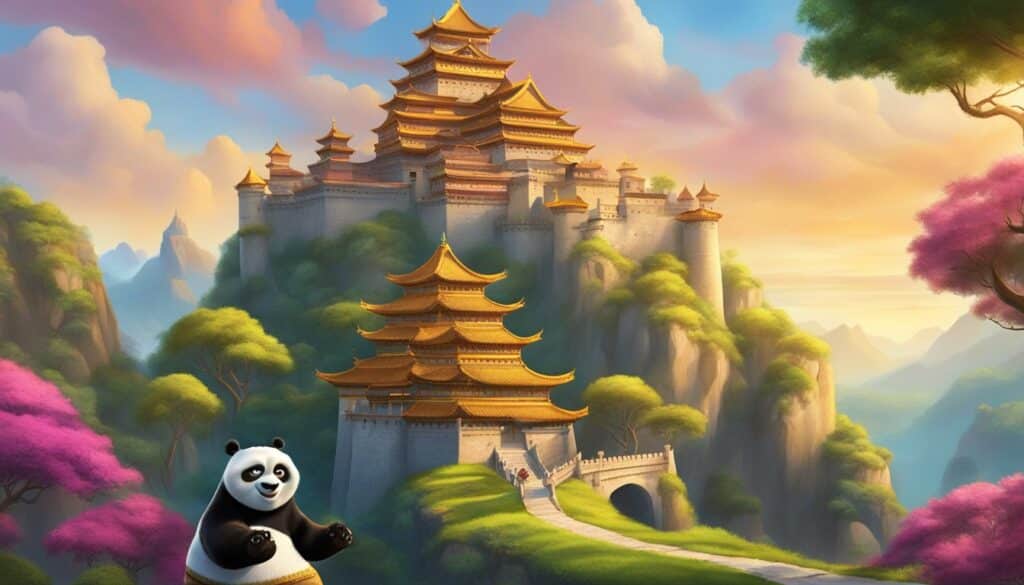 A Kung Fu Panda standing in front of a Castle Clash.