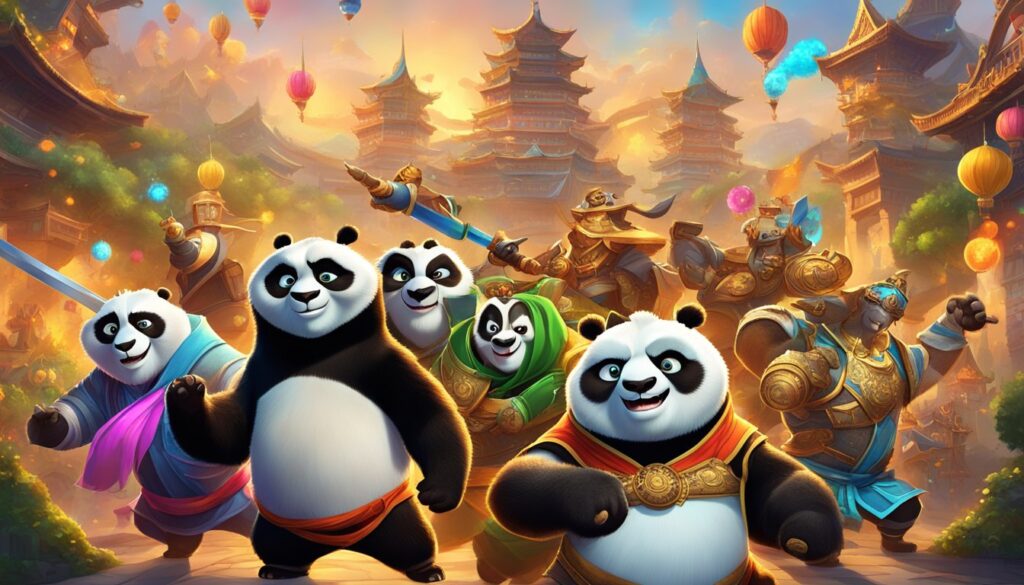 A group of Kung Fu Panda bears in front of a temple, showcasing their rewards from victorious battles in the Castle Clash.