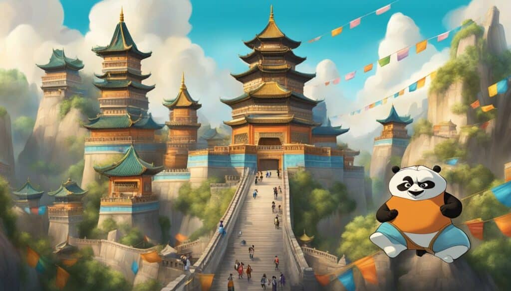 A Kung Fu Panda sits on a bridge in front of a temple.
