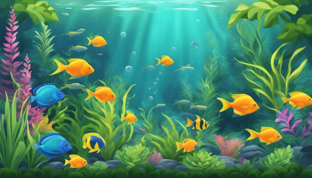 A vibrant underwater scene with an abundance of fish and plants, akin to Fish Tycoon - a captivating aquatic business simulation game.