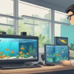 A man is engrossed in reviewing the Fish Tycoon game on his computer, while admiring a fish tank nearby.
