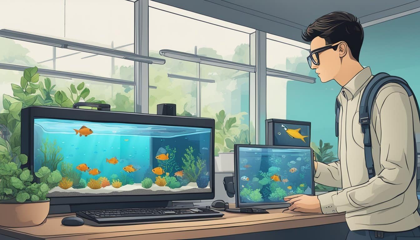 A man is engrossed in reviewing the Fish Tycoon game on his computer, while admiring a fish tank nearby.