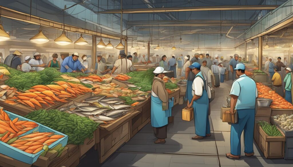 An illustration of people shopping in a market with an aquatic theme.