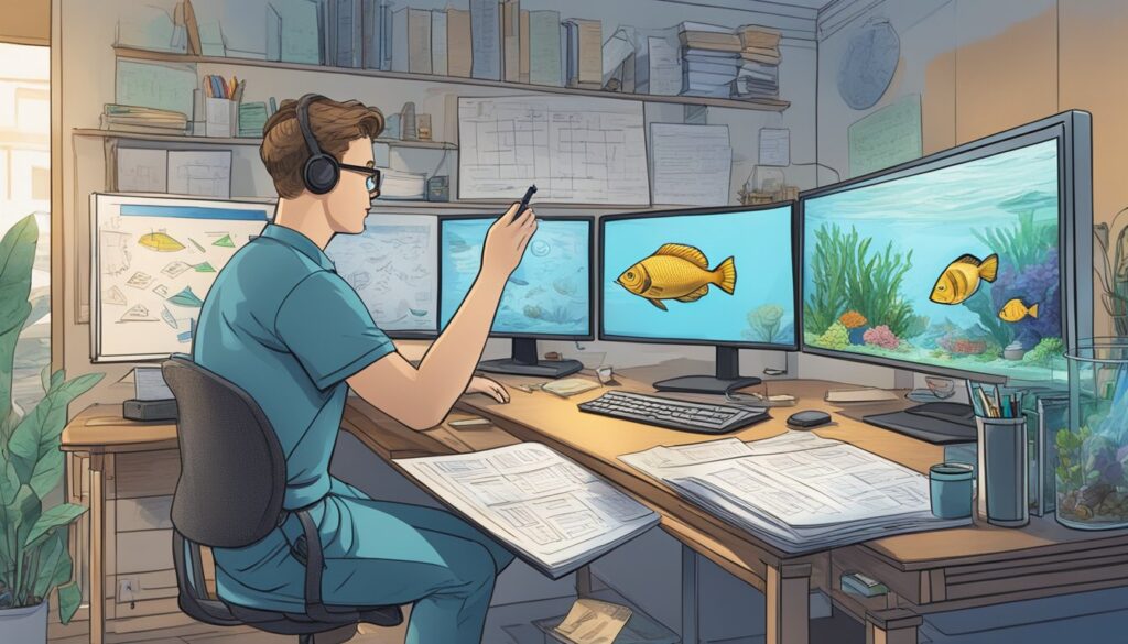 A man sitting at a desk with two monitors in front of him, engaged in a review of the aquatic simulation game Fish Tycoon.