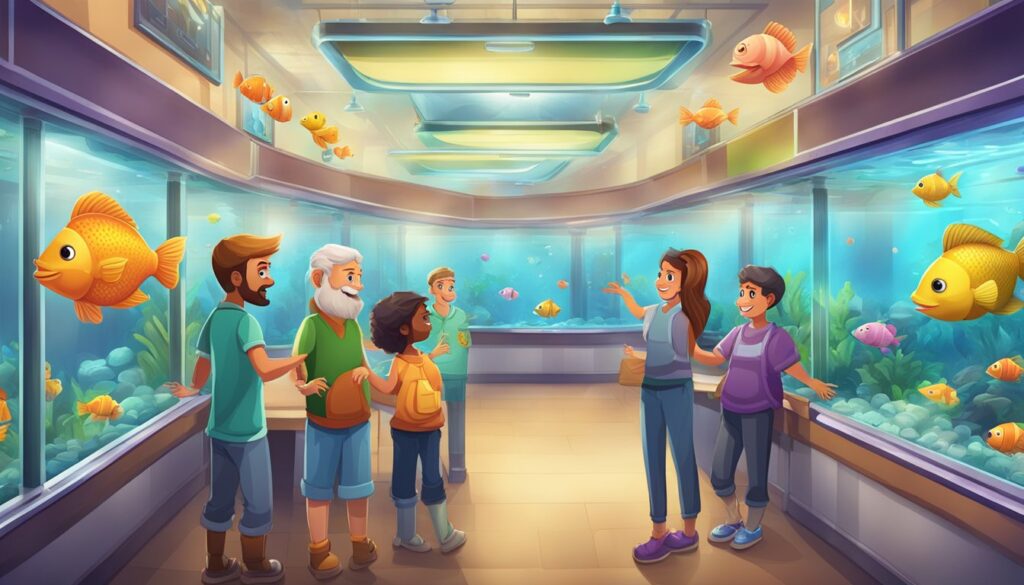 A group of people engrossed in the Fish Tycoon simulation game, eagerly observing the aquatic business in an aquarium.
