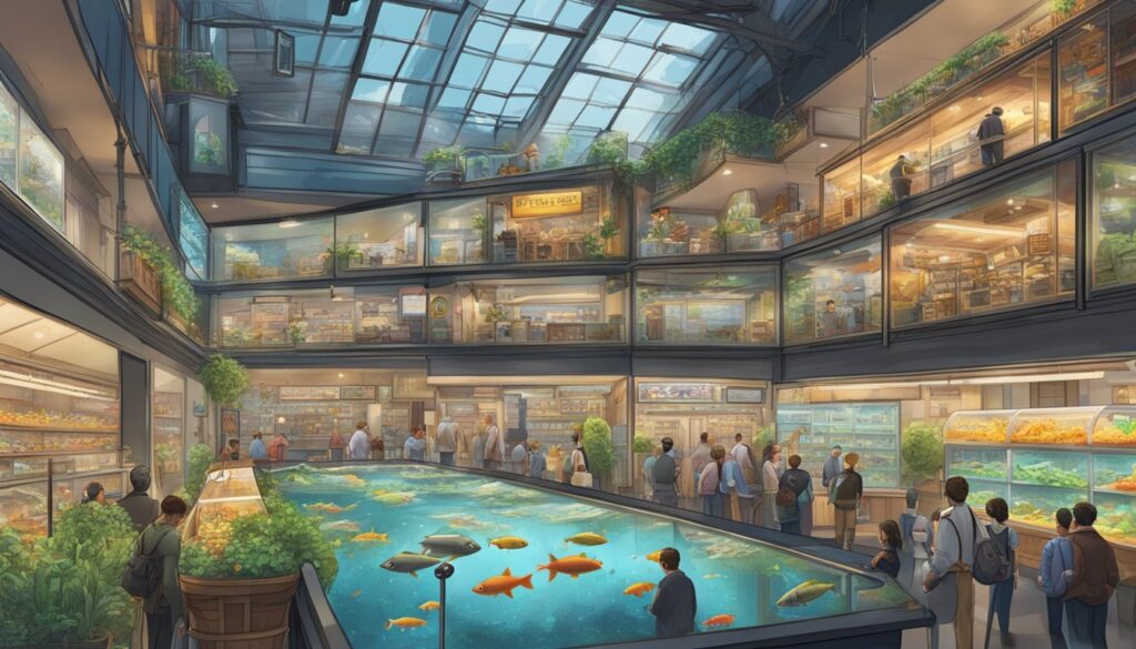 An illustration of a large aquarium filled with colorful fish, showcasing the immersive world of Fish Tycoon, an aquatic business simulation game.