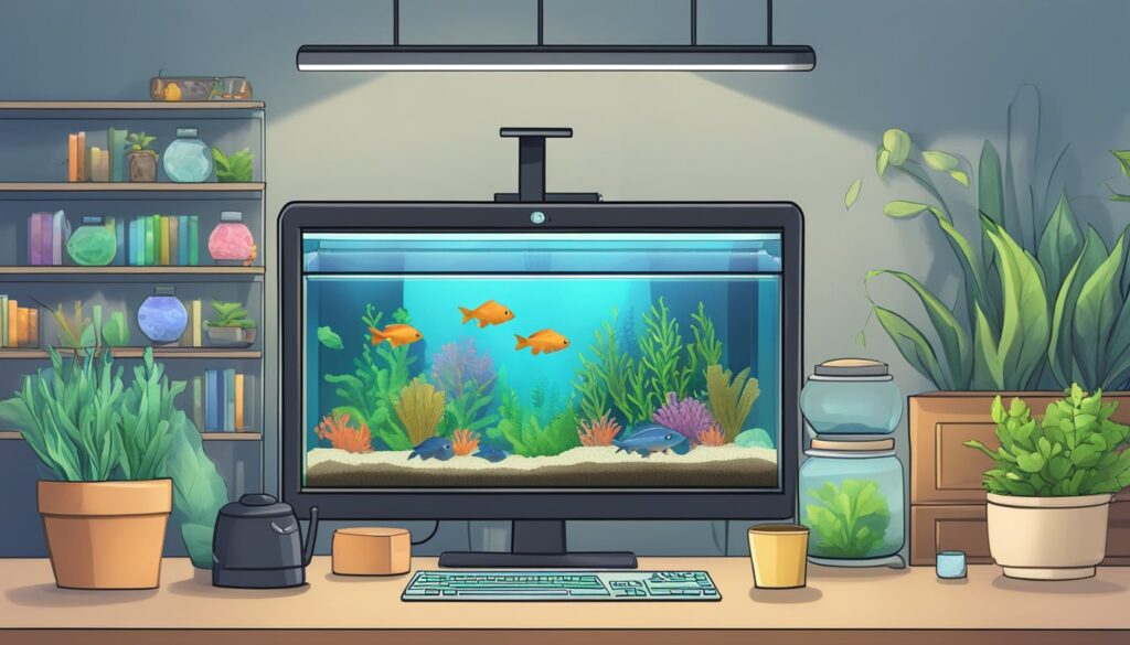 A computer desk with a fish tank embellished by plants for the ultimate aquatic business simulation game experience.