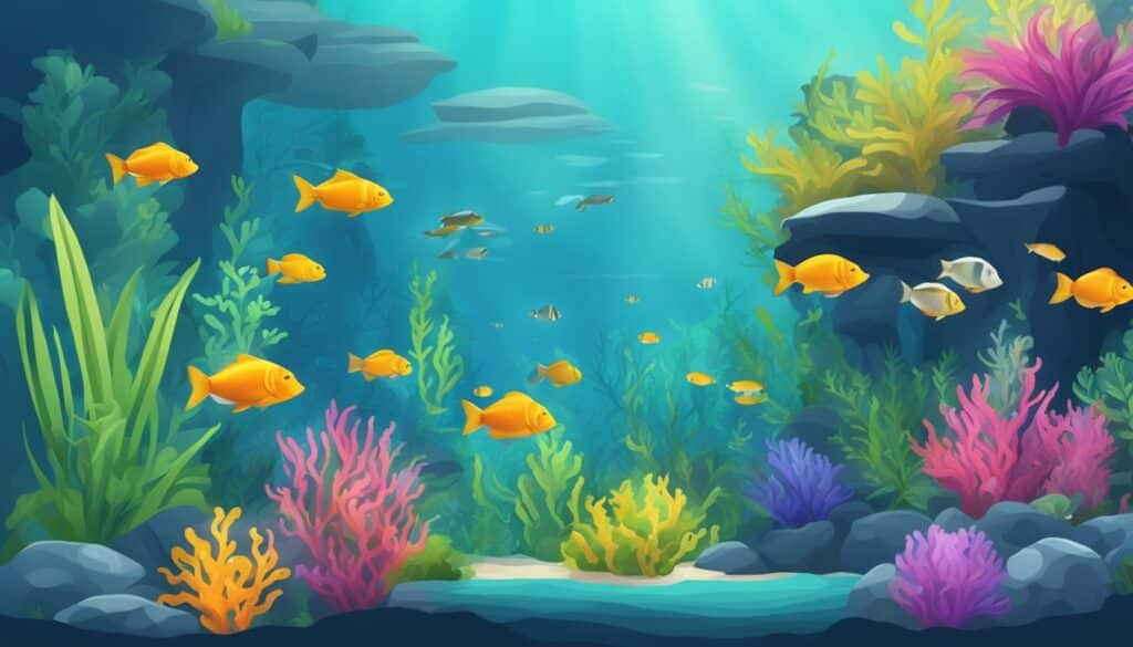A vibrant underwater scene teeming with colorful fish and corals.