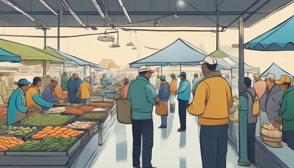 An illustration of people shopping at an outdoor market, featuring tricks and tips for Fish Tycoon.
