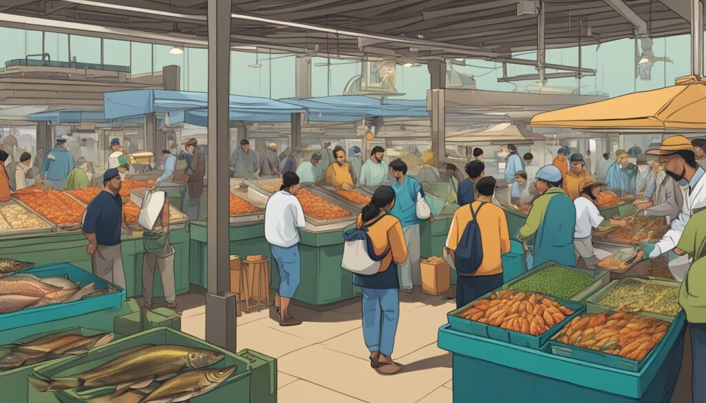 An illustration of tycoons shopping at a market for fish.