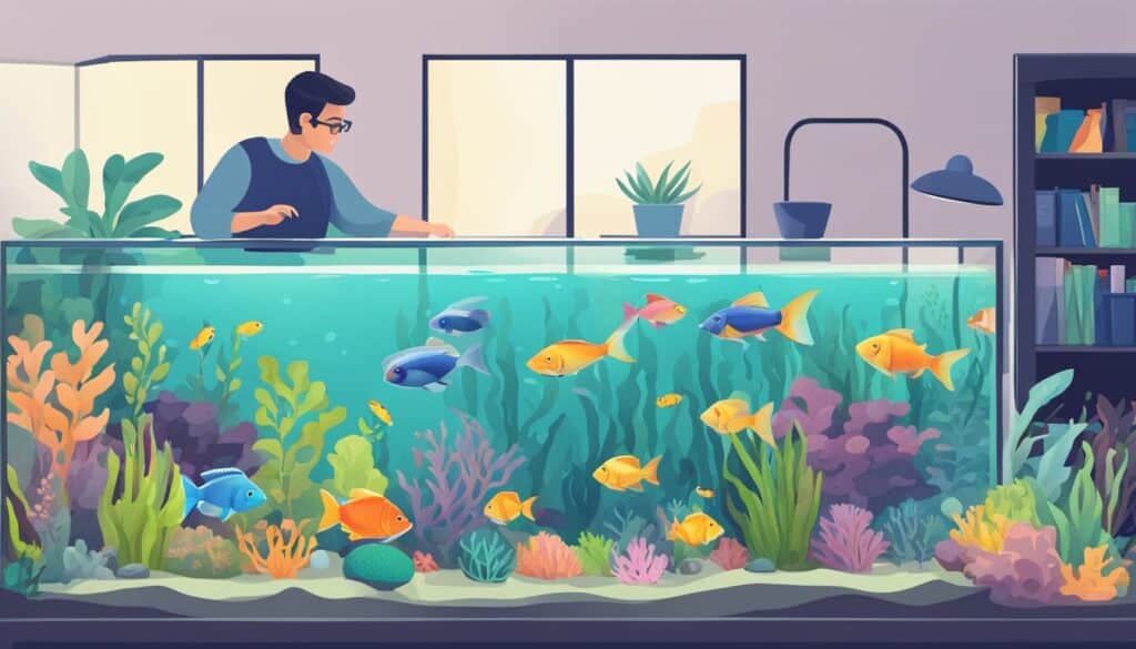 A man is standing in front of a fish tank, discovering Tips & Tricks for Fish Tycoon.