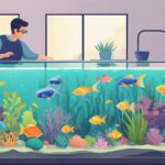 A man is standing in front of a fish tank, discovering Tips & Tricks for Fish Tycoon.