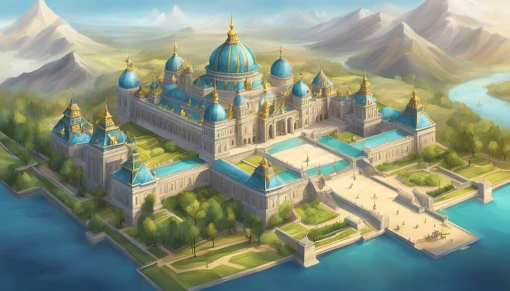 An illustration of a castle in the middle of a lake, fit for a royal match.