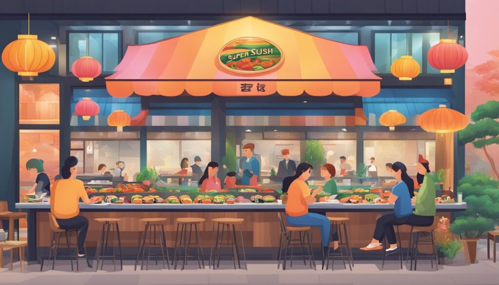 An illustration of a Chinese restaurant with people sitting at the counter enjoying dinner together.