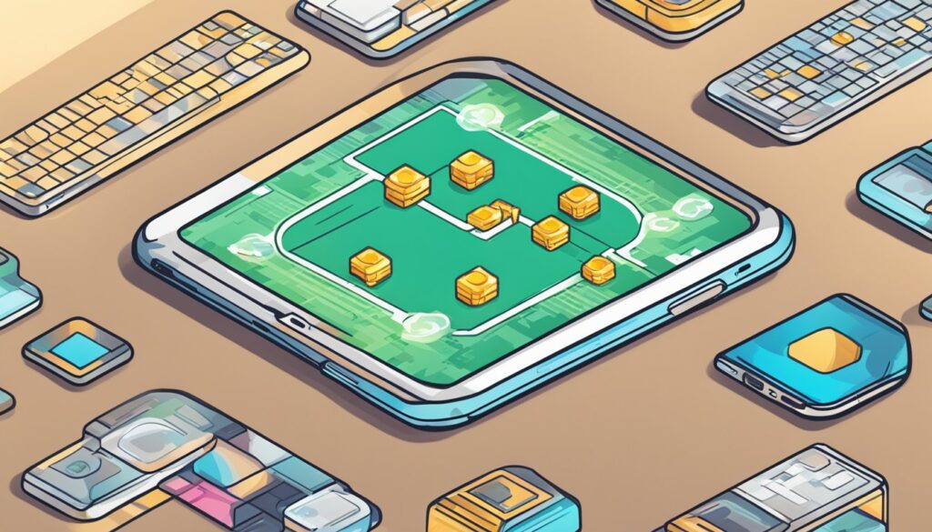 An isometric illustration of a smartphone featuring high-stakes online contests and the opportunity to win $1 million. Users can enjoy playing games using keyboards while exploring the unique possibilities of this digital platform